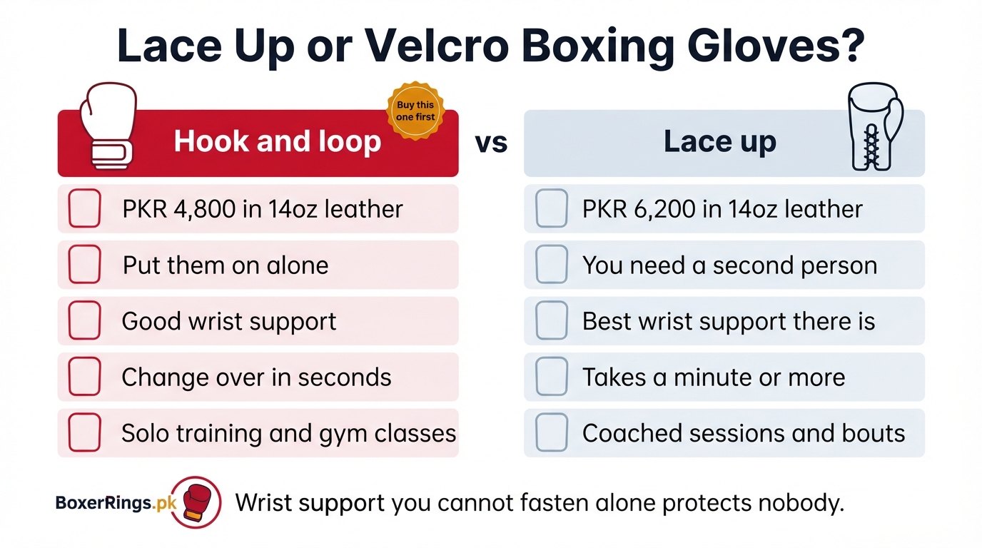 Lace up vs velcro boxing gloves: hook and loop 14oz leather gloves cost PKR 4,800, go on alone and change over in seconds, while lace up 14oz leather gloves cost PKR 6,200, give the best wrist support available and need a second person to fasten.